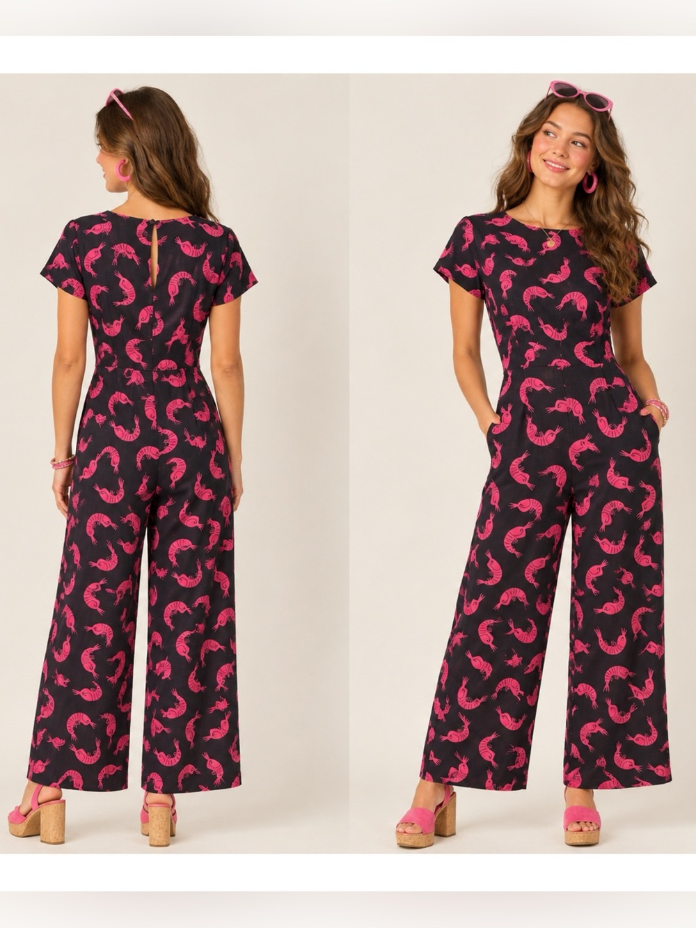 EUC ModCloth Prawns 'Til Dawn Shrimp Wide Leg Jumpsuit Quirky Retro Whimsy 4